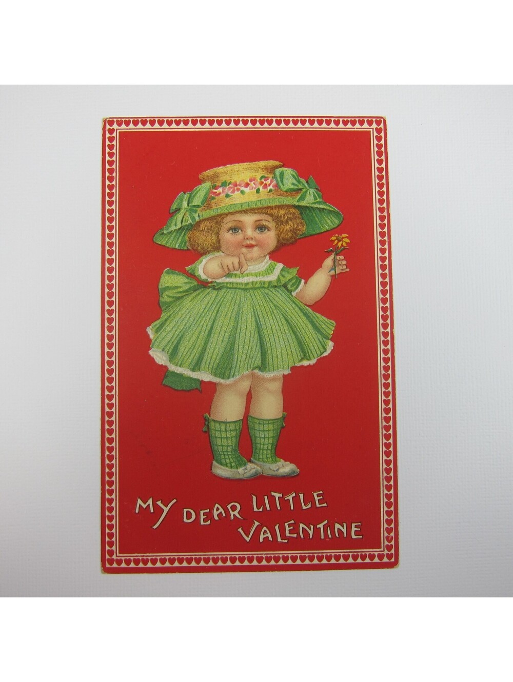 Postcard Greeting Valentine Antique Blonde Girl Green Dress Sun Hat Sunflower
